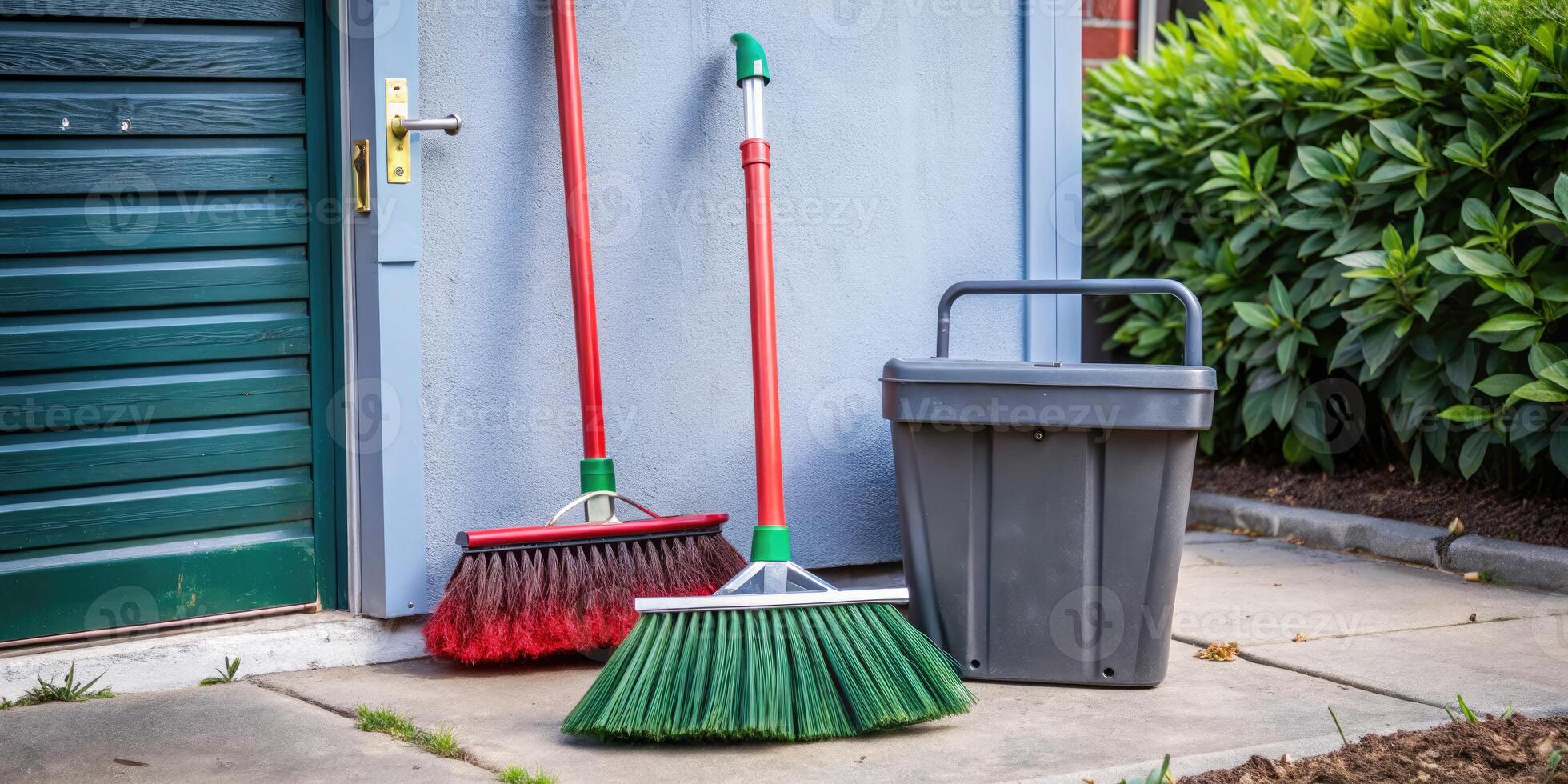 Brooms and trash bin beside a blue house wall. photo