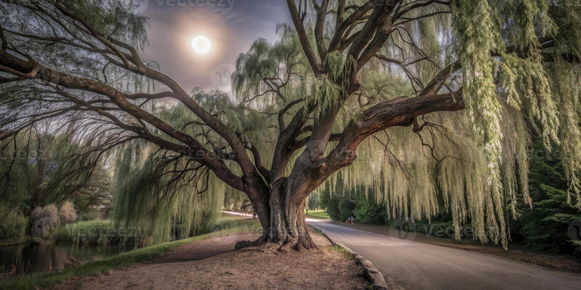 Majestic tree-lined path under a glowing moon. photo