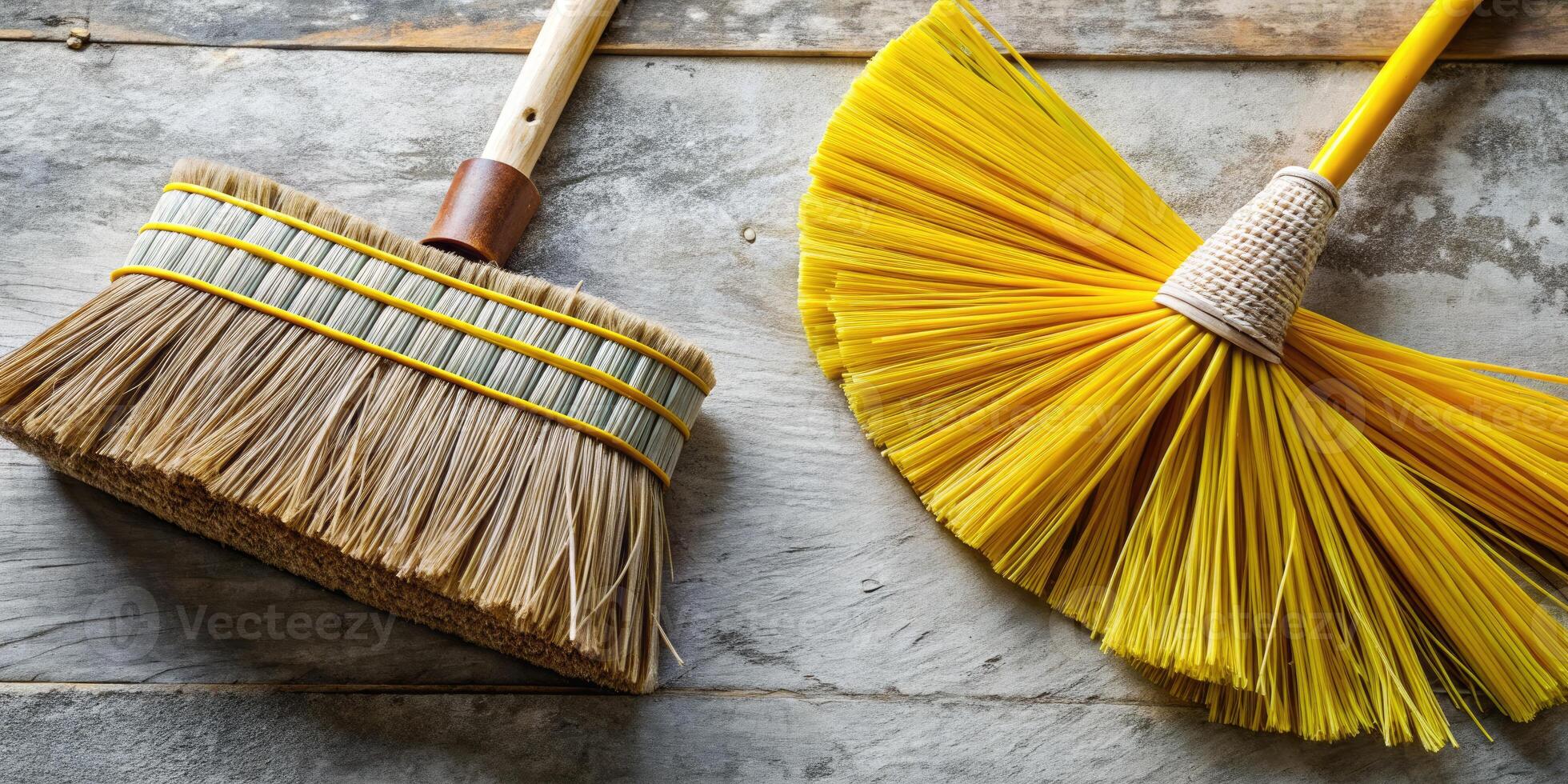 Rustic brooms resting on a textured stone surface. photo