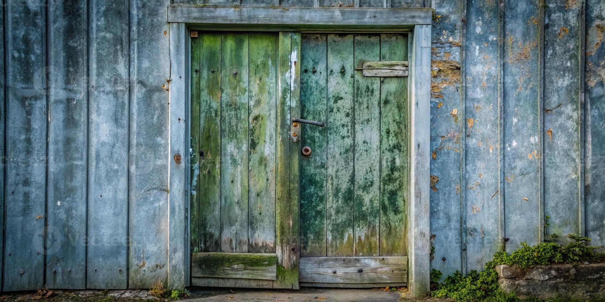 Weathered green door with peeling paint on an old wall. photo