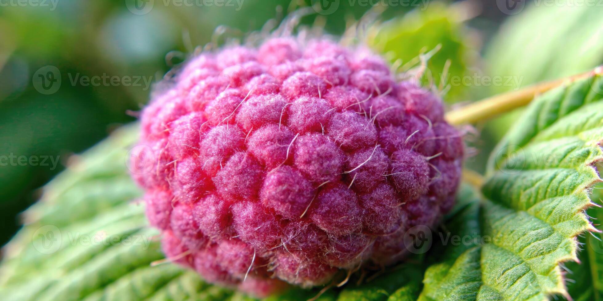 A close-up of a ripe raspberry on a lush green leaf. photo