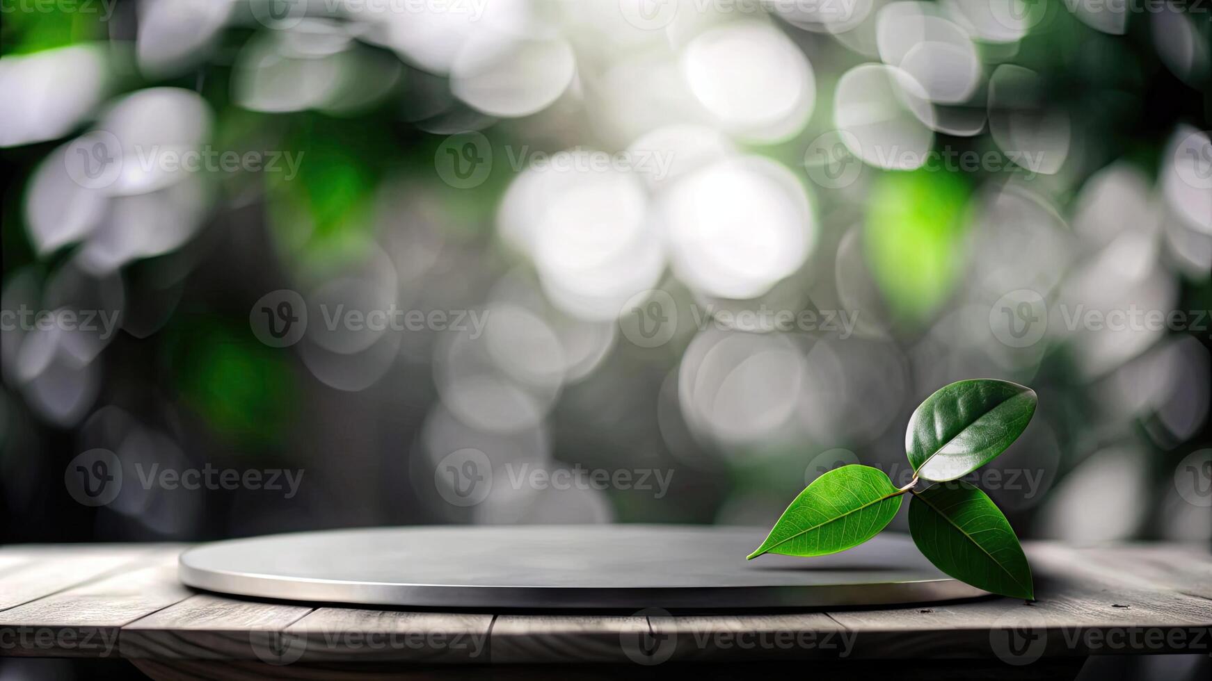 A single green leaf resting on a reflective surface. photo