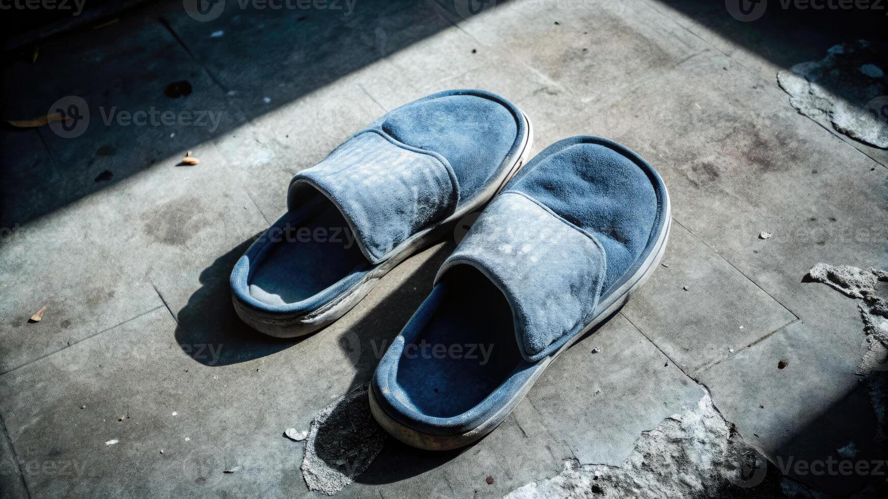A pair of worn slippers resting on a sunlit floor. photo