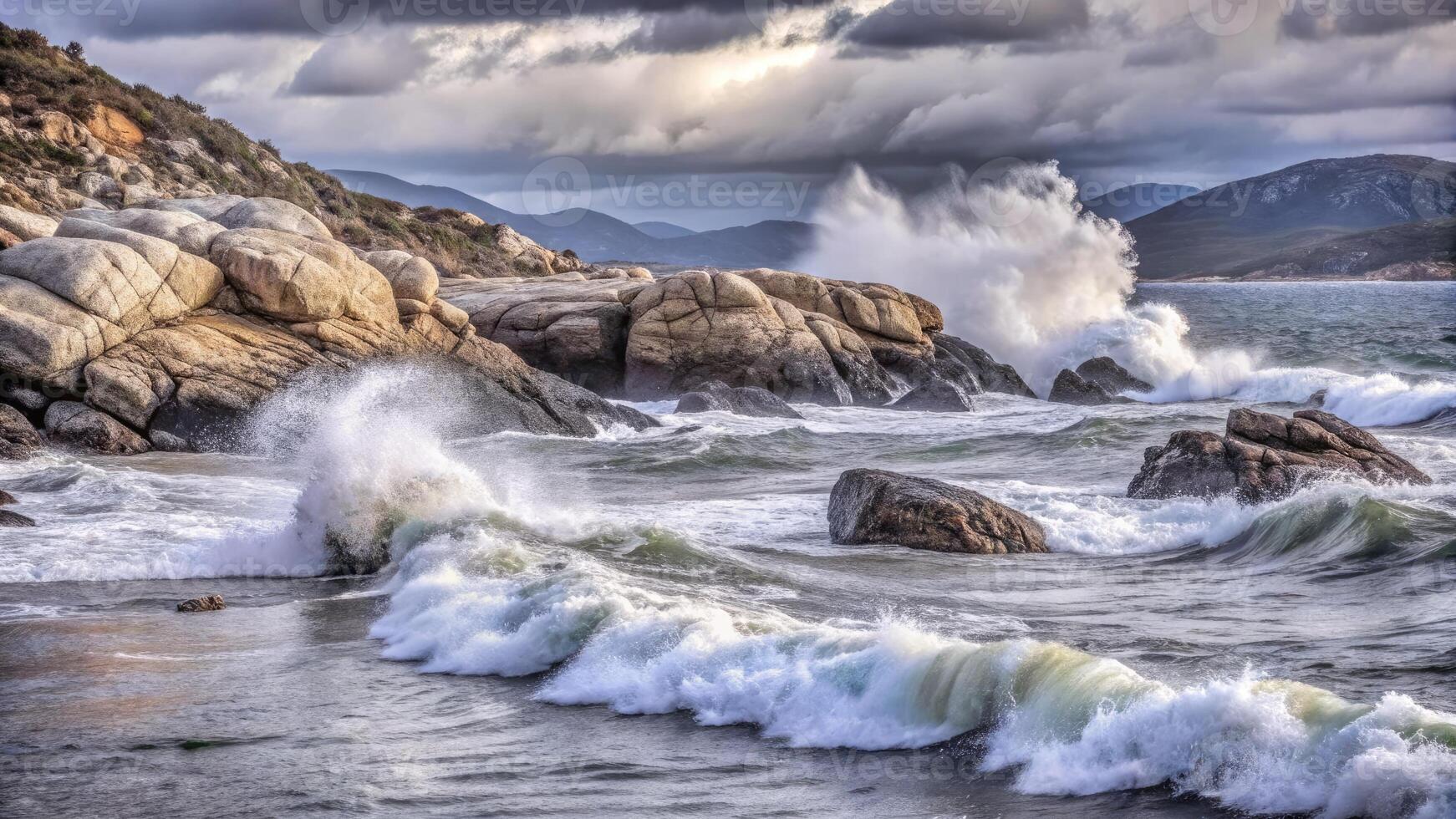 Powerful ocean waves crashing against rocky cliffs. photo