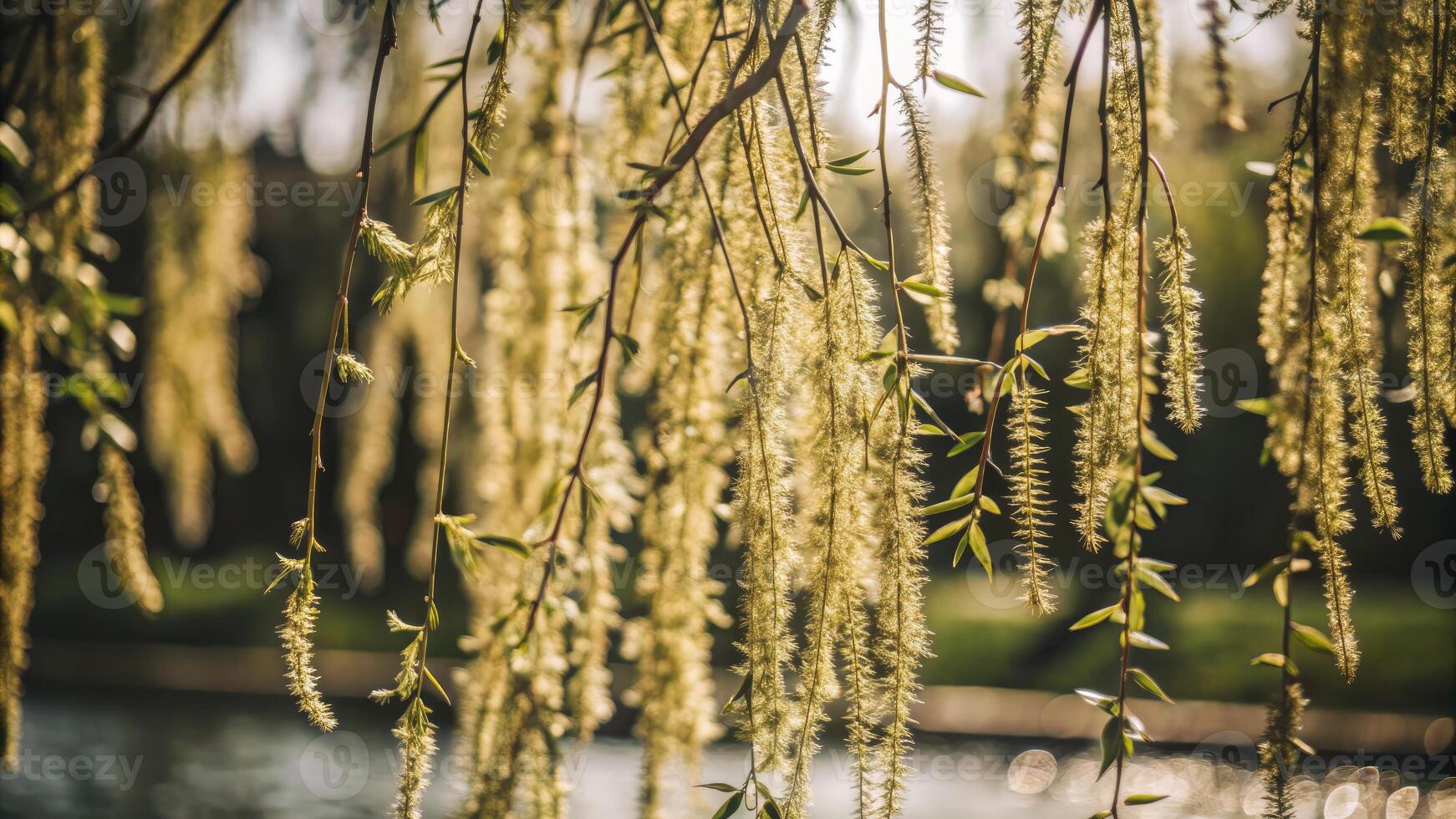 A tranquil scene of willow branches swaying in the breeze. photo