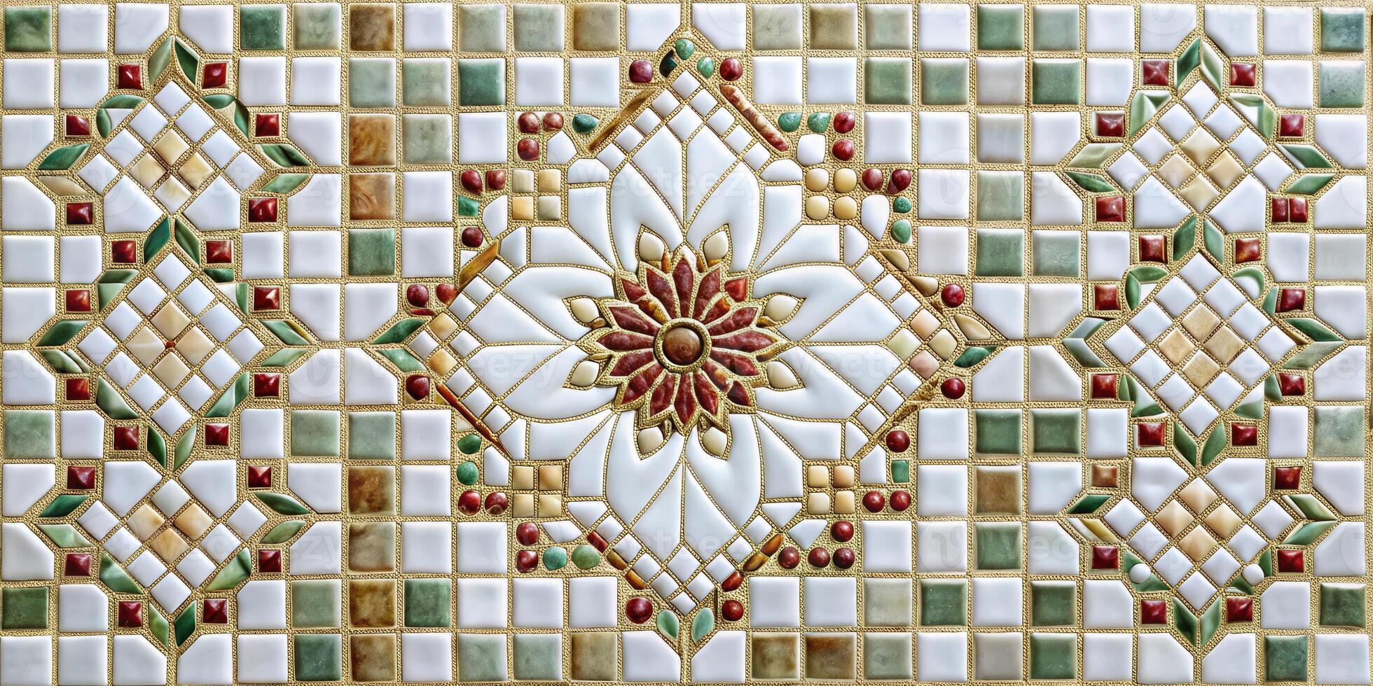 Ornate mosaic tiles create an intricate floral design. photo