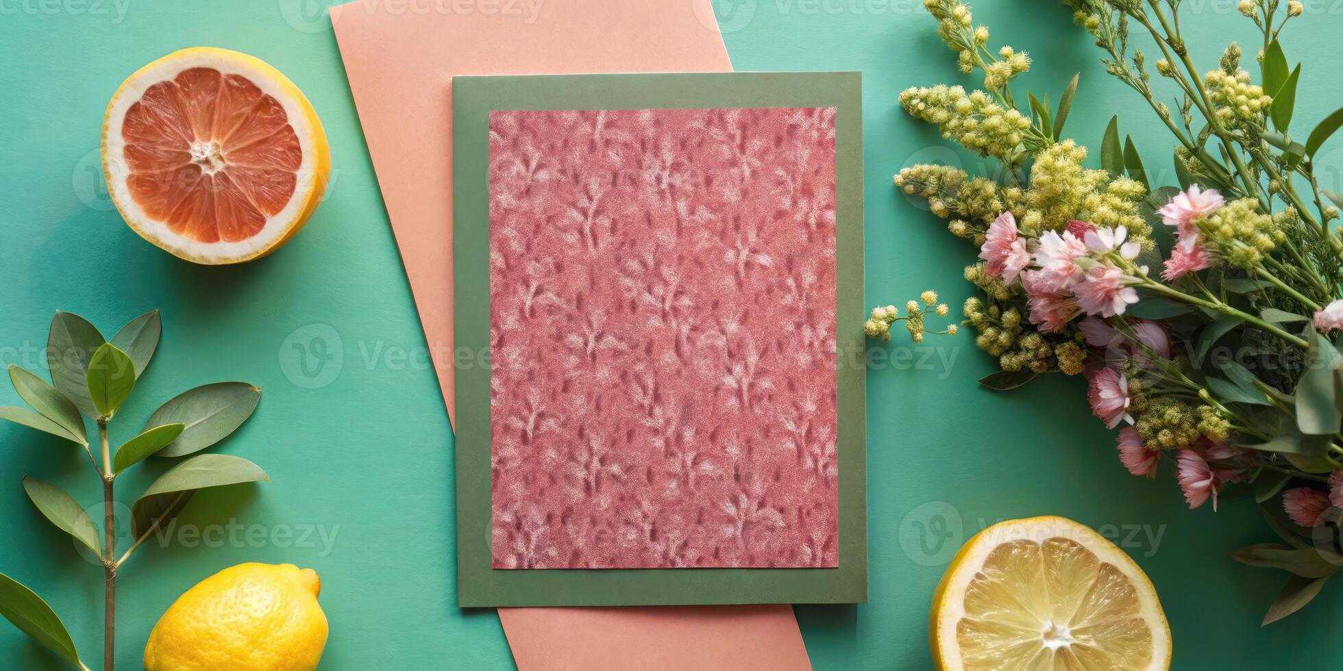 Flat lay of floral card with citrus accents. photo