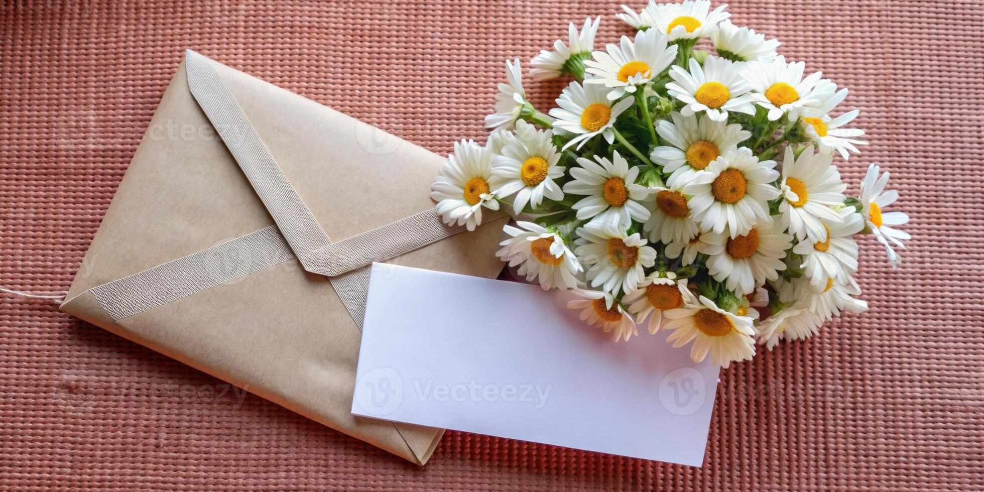 Daisies arranged beside an envelope on a textured surface. photo