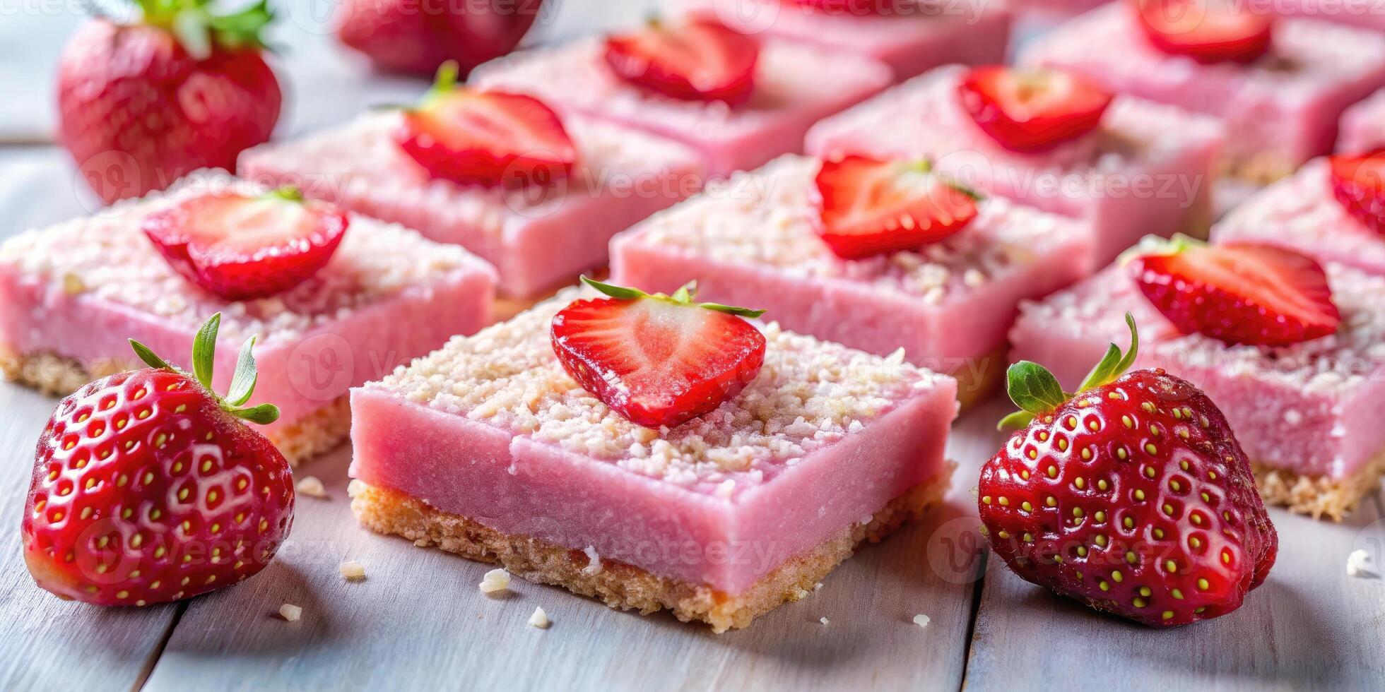 Strawberry-topped pink dessert squares on display. photo