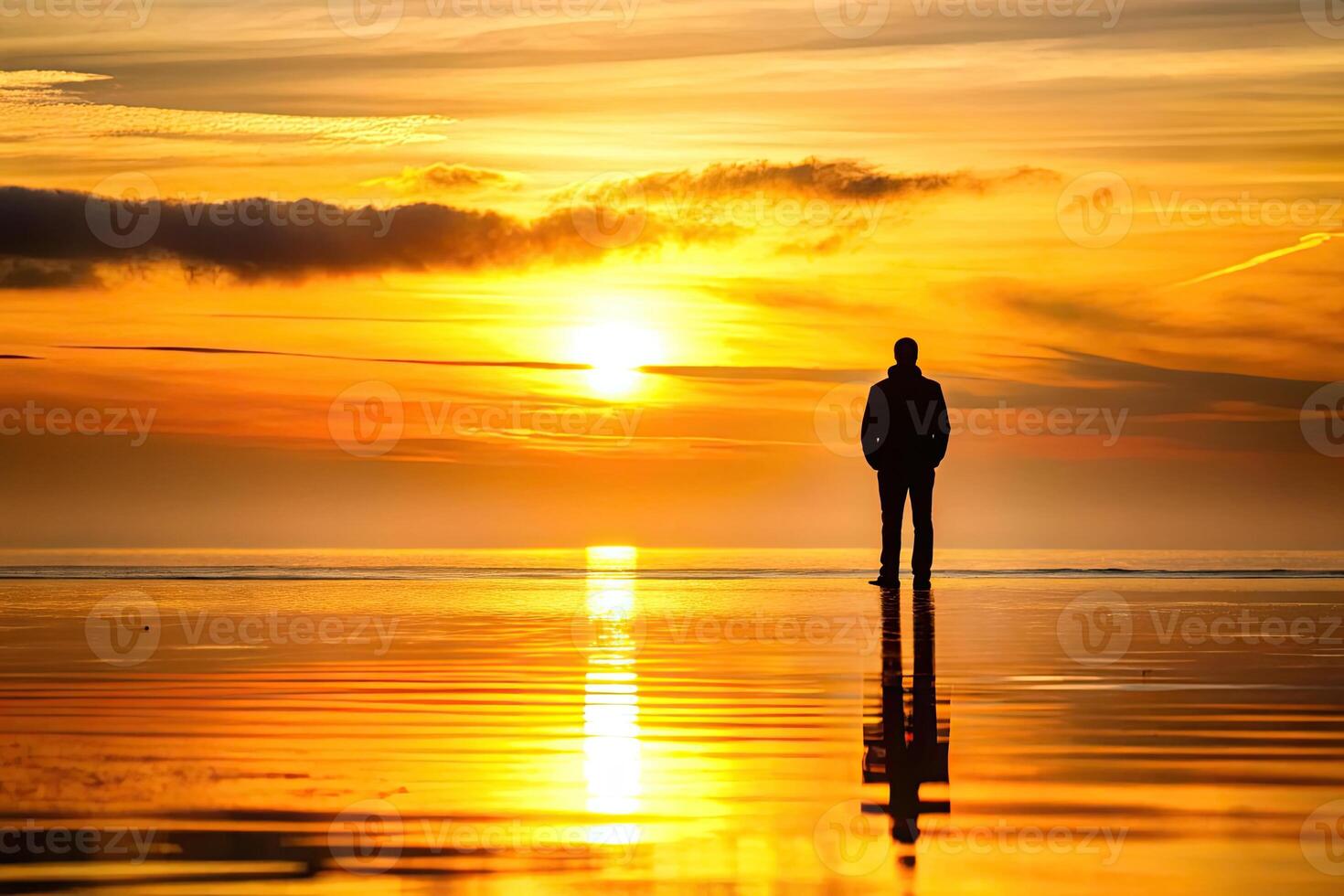 Person silhouetted against a vibrant ocean sunset. photo