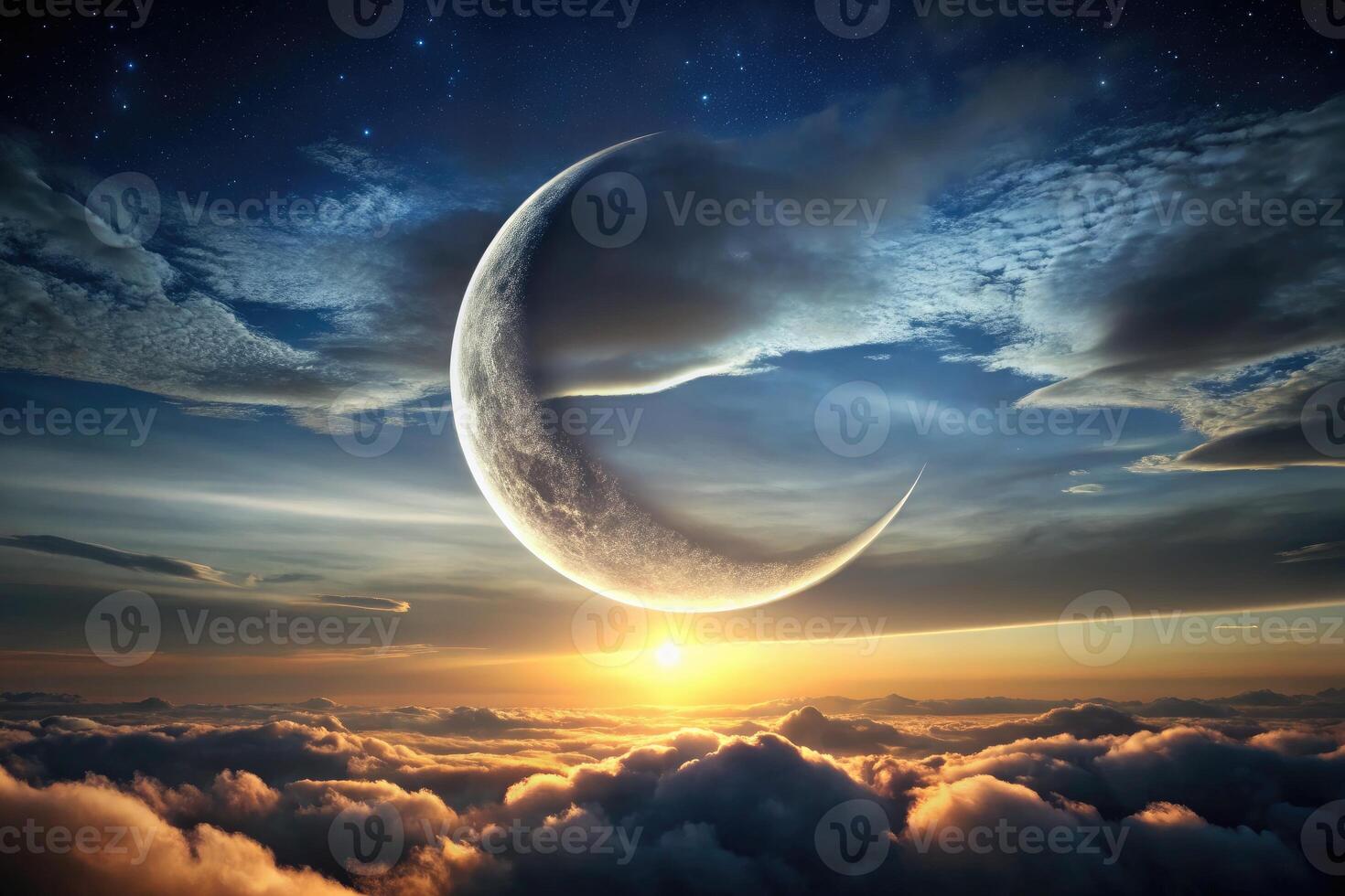 Crescent moon shining over a sea of clouds. photo