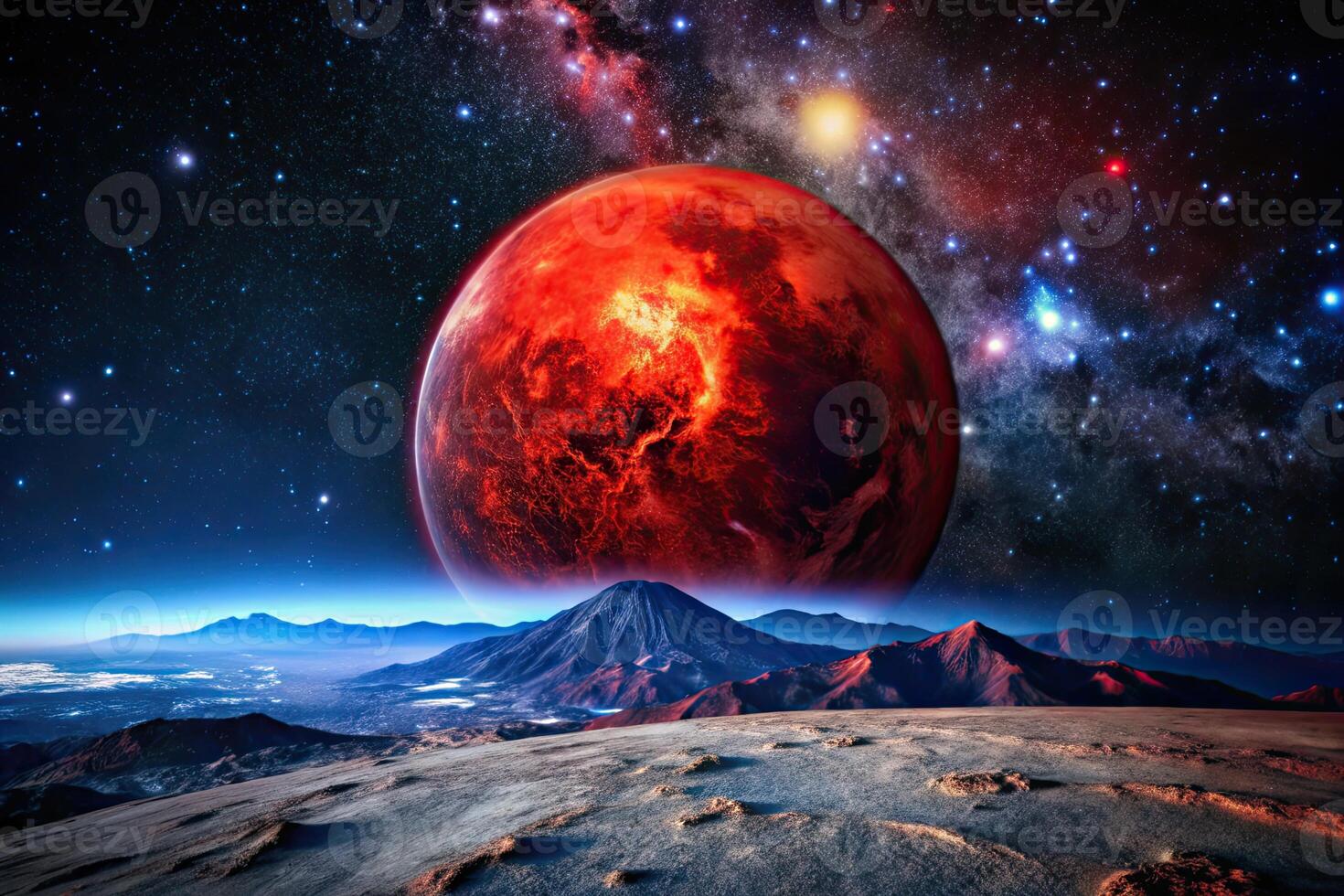 Red planet with a dramatic cosmic background. photo