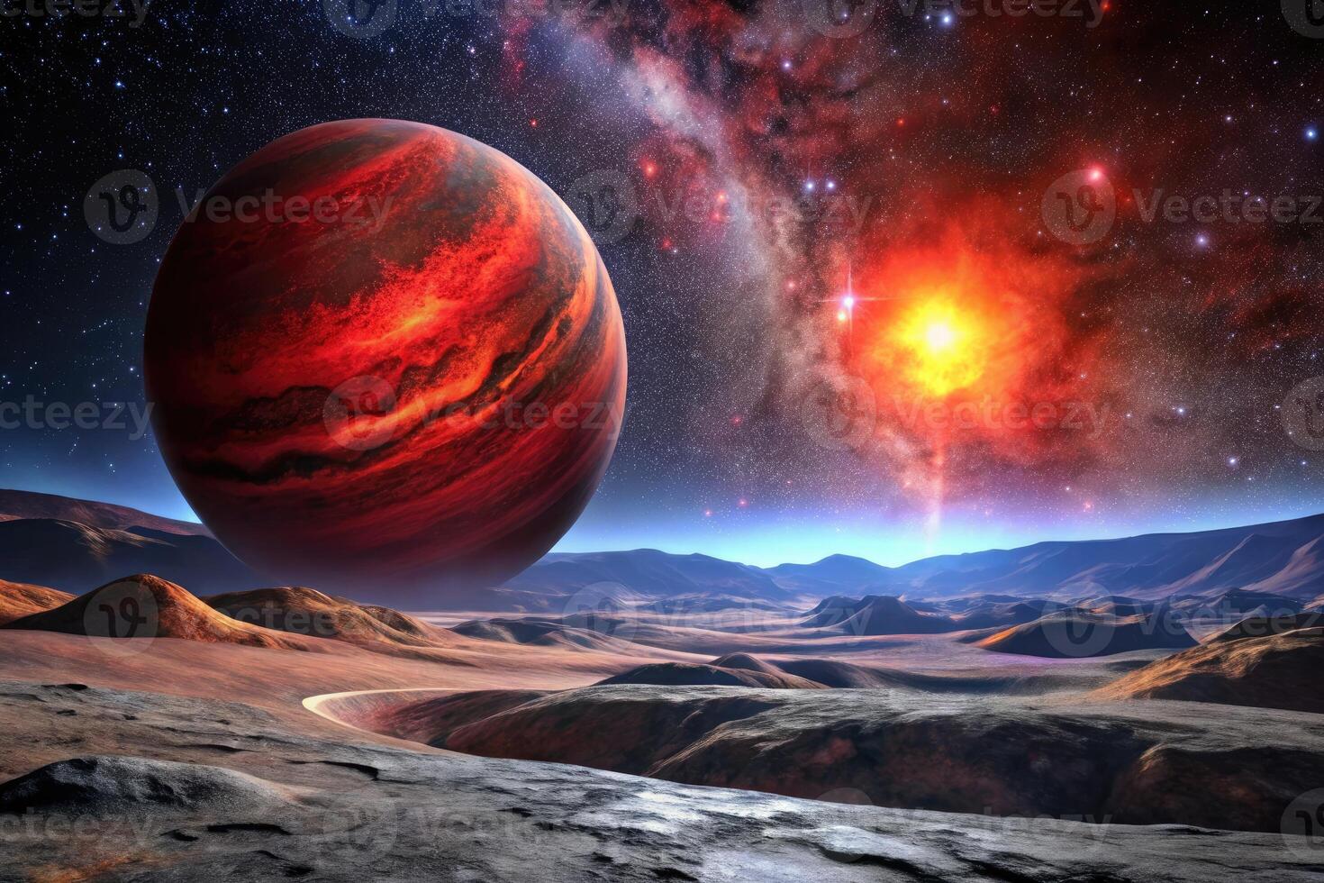 Alien landscape with a giant red planet and stars. photo