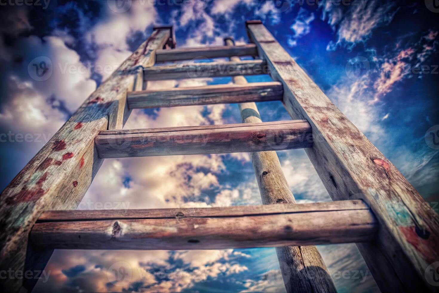 Wooden ladder reaching towards a blue sky with clouds. photo