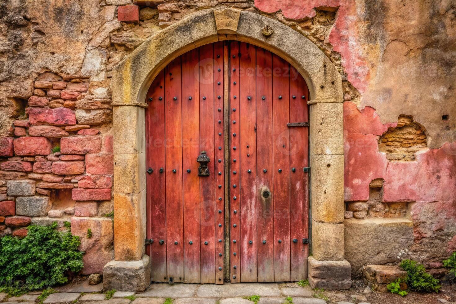 Rustic arched door set in a weathered stone wall. photo