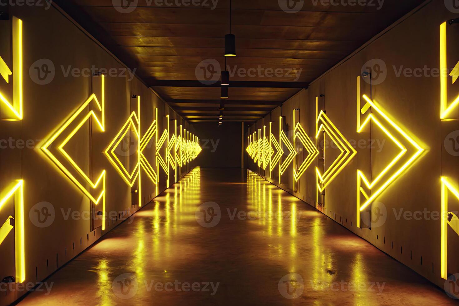 Illuminated hallway with glowing geometric patterns. photo