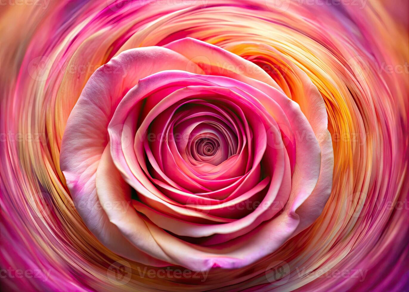 Swirling pink and yellow petals of a blooming rose. photo