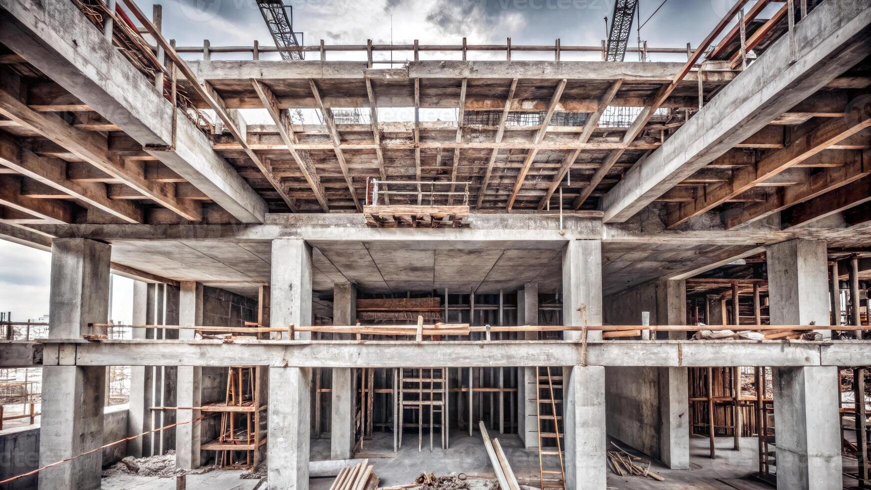 A construction site with exposed beams and concrete. photo