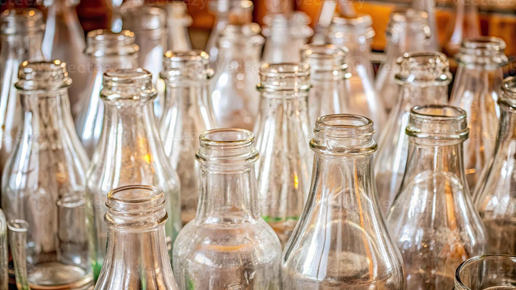Rows of empty glass bottles in soft focus. photo