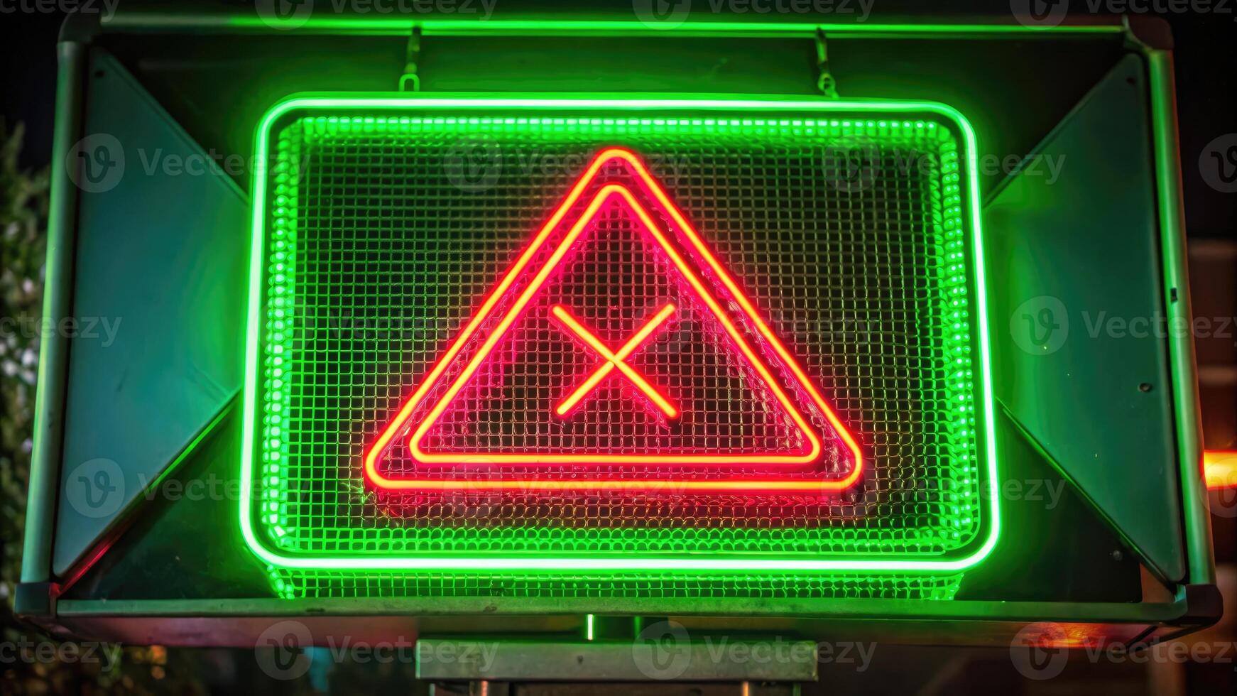A neon sign with a red warning symbol. photo