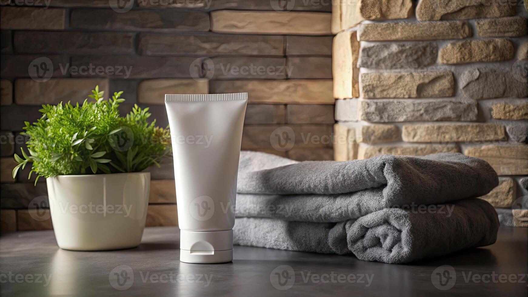 A bathroom arrangement with towels and plants. photo