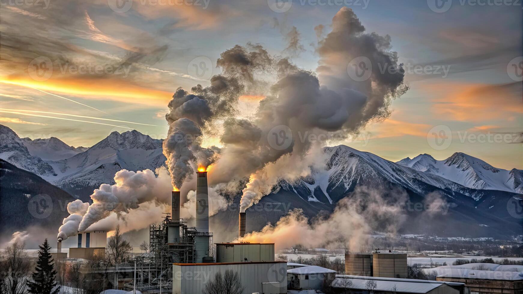 Smokestacks emit clouds against a mountain backdrop. photo