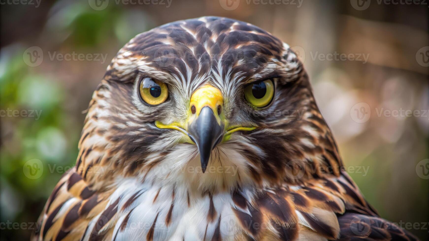 A fierce hawk gazes intently at the camera. photo