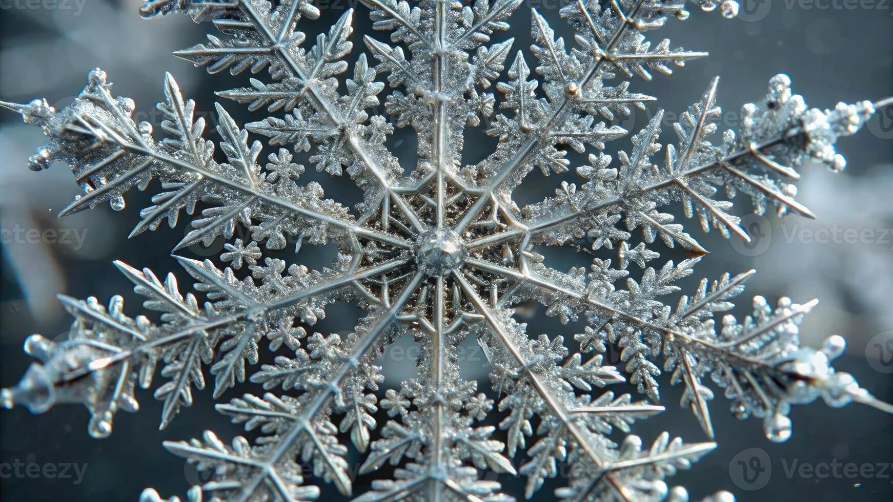 A detailed close-up of a delicate snowflake. photo