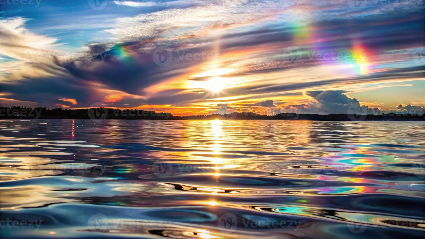 A stunning sunset casts colors over a calm lake. photo