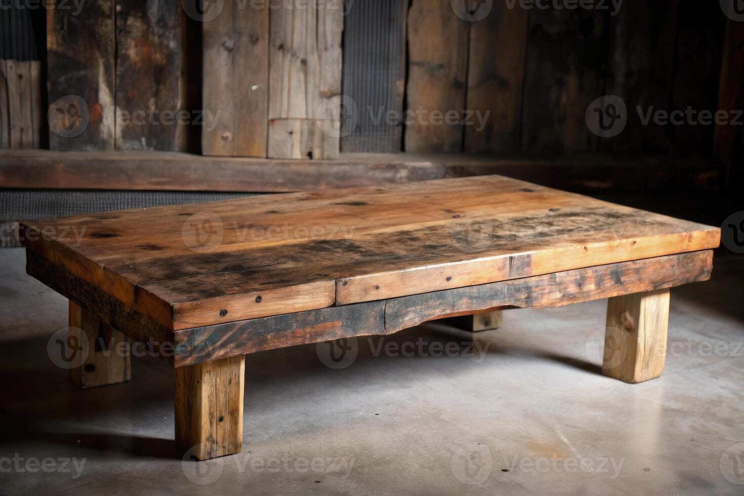 A rustic wooden table in a cozy room setting. photo