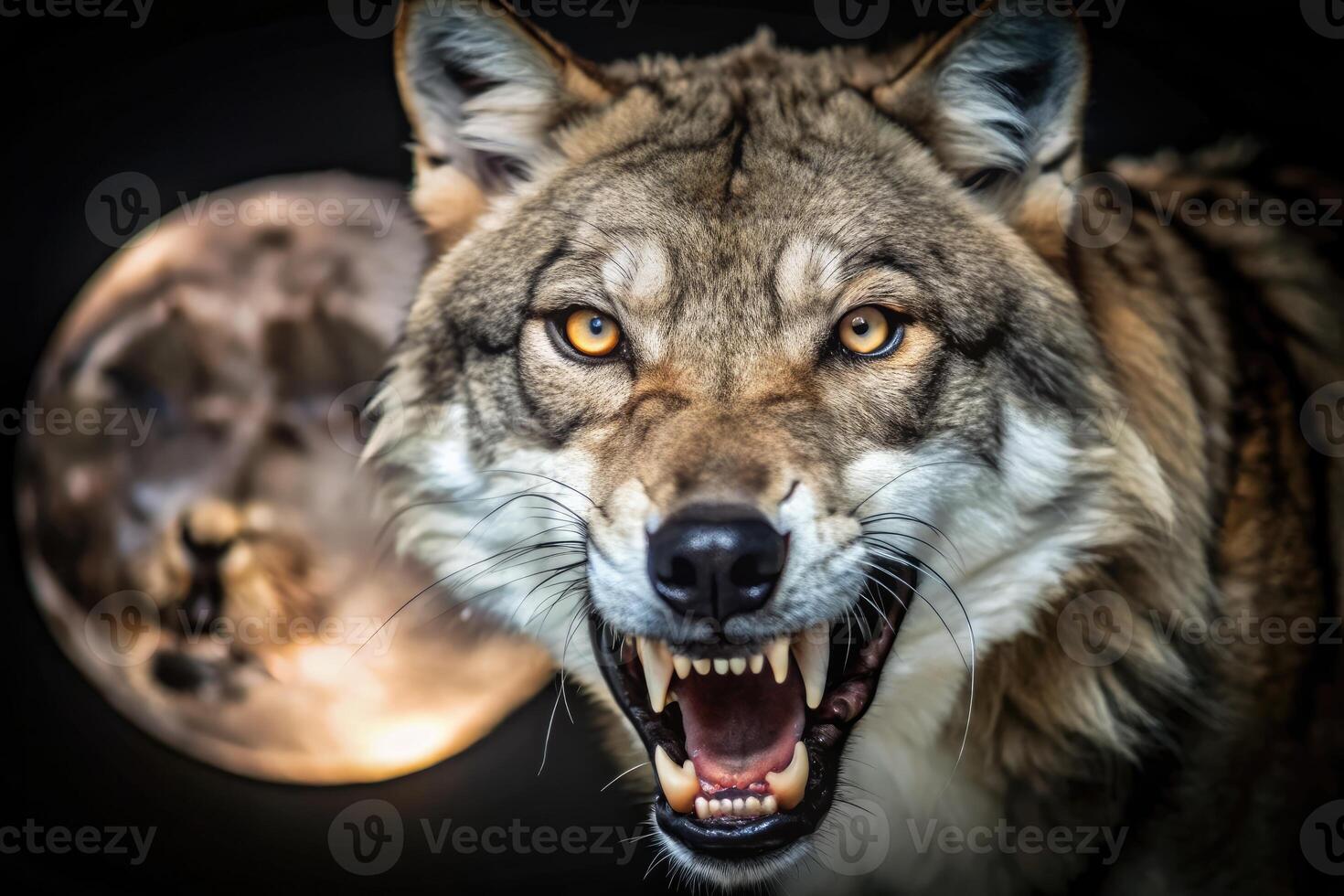 A fierce wolf with a full moon in the background. photo