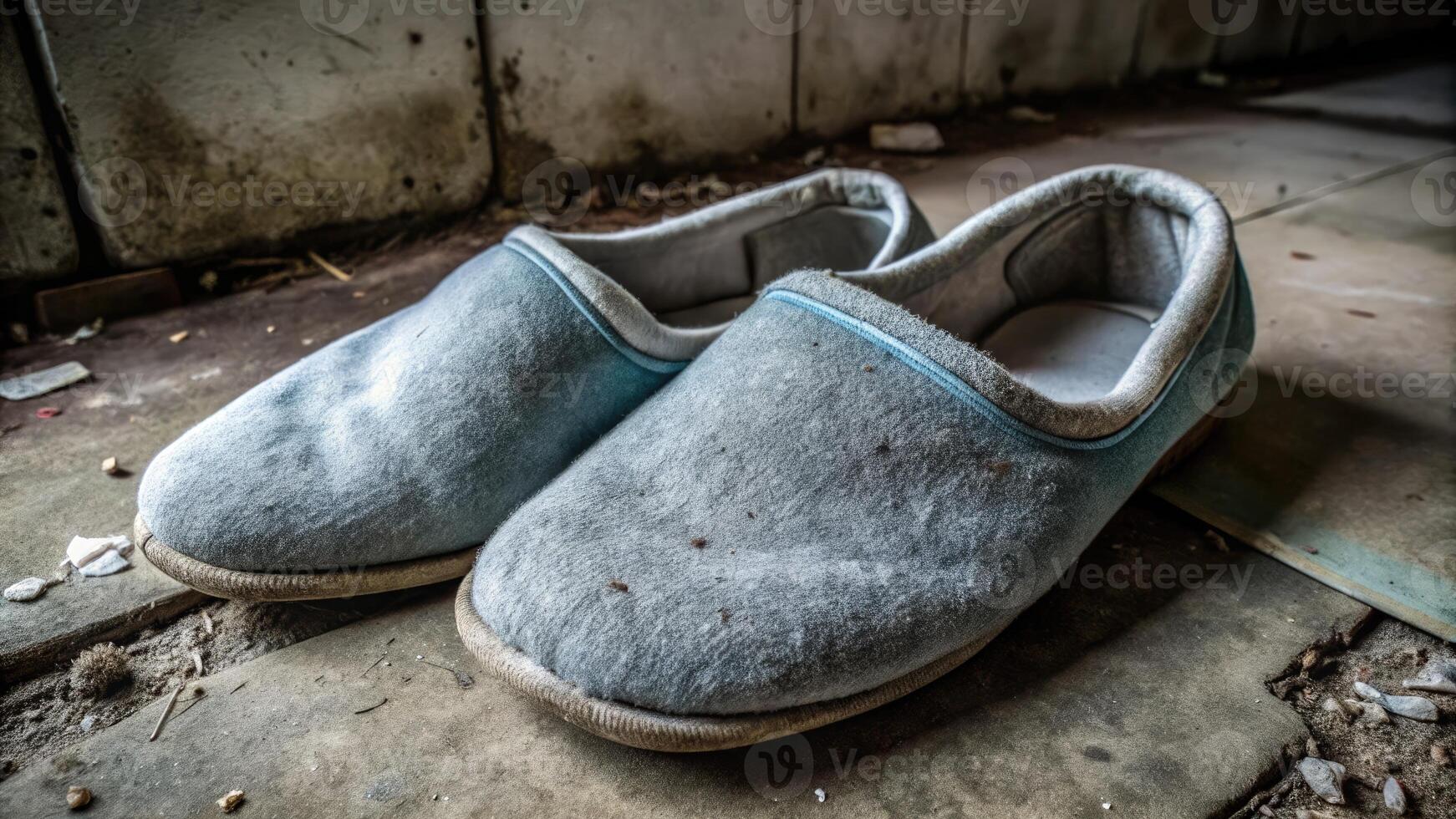 A pair of cozy, worn slippers resting on an old wooden floor. photo