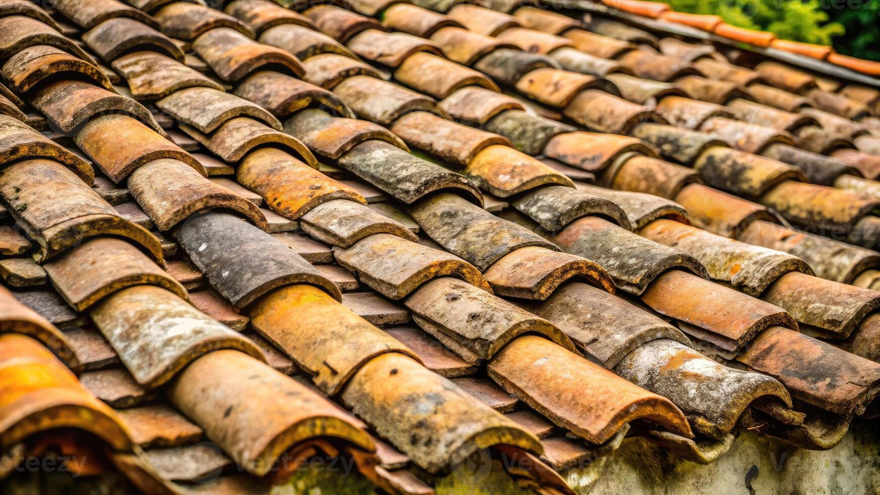 A rustic roof covered with weathered terracotta tiles. photo