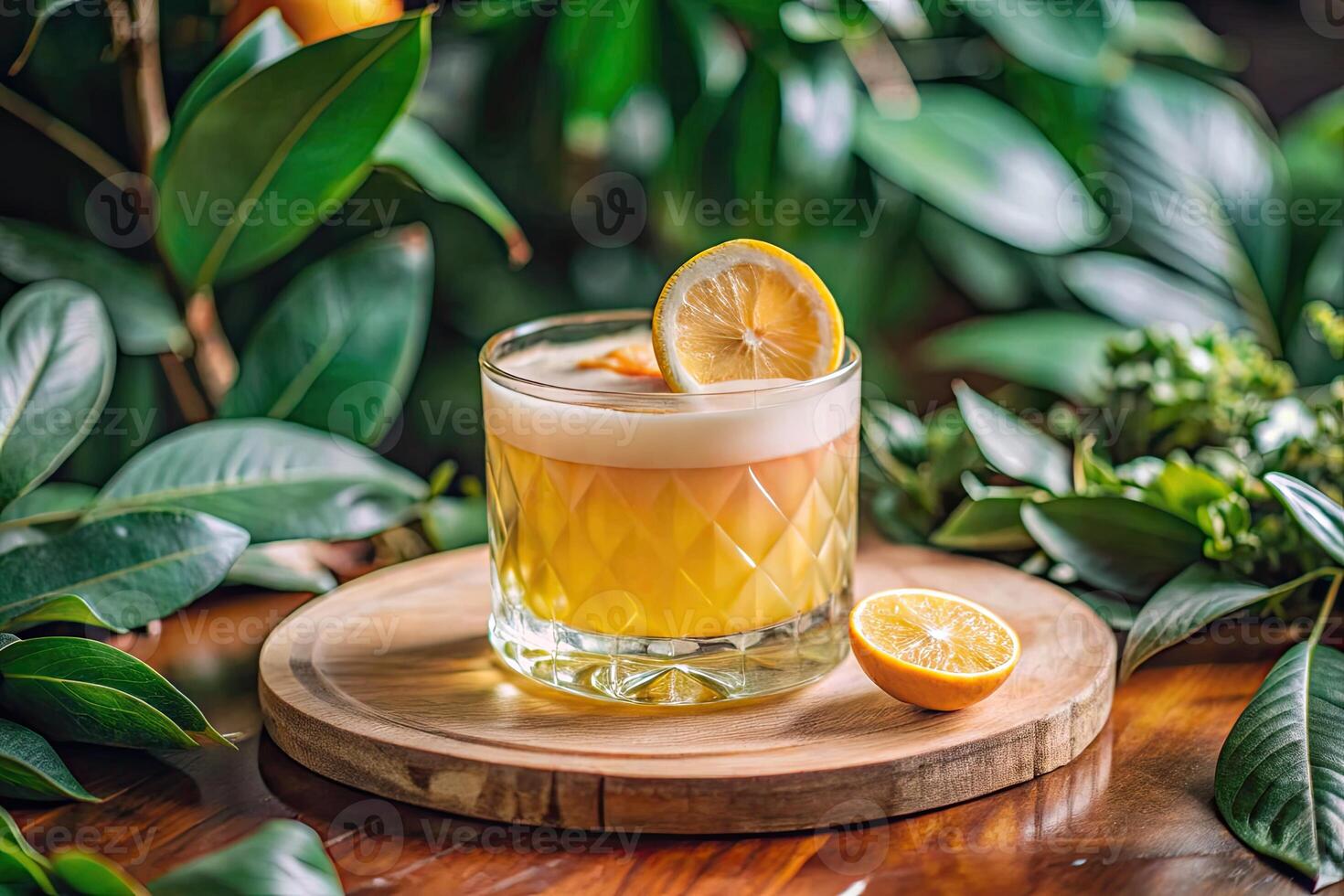 A refreshing cocktail garnished with an orange slice. photo