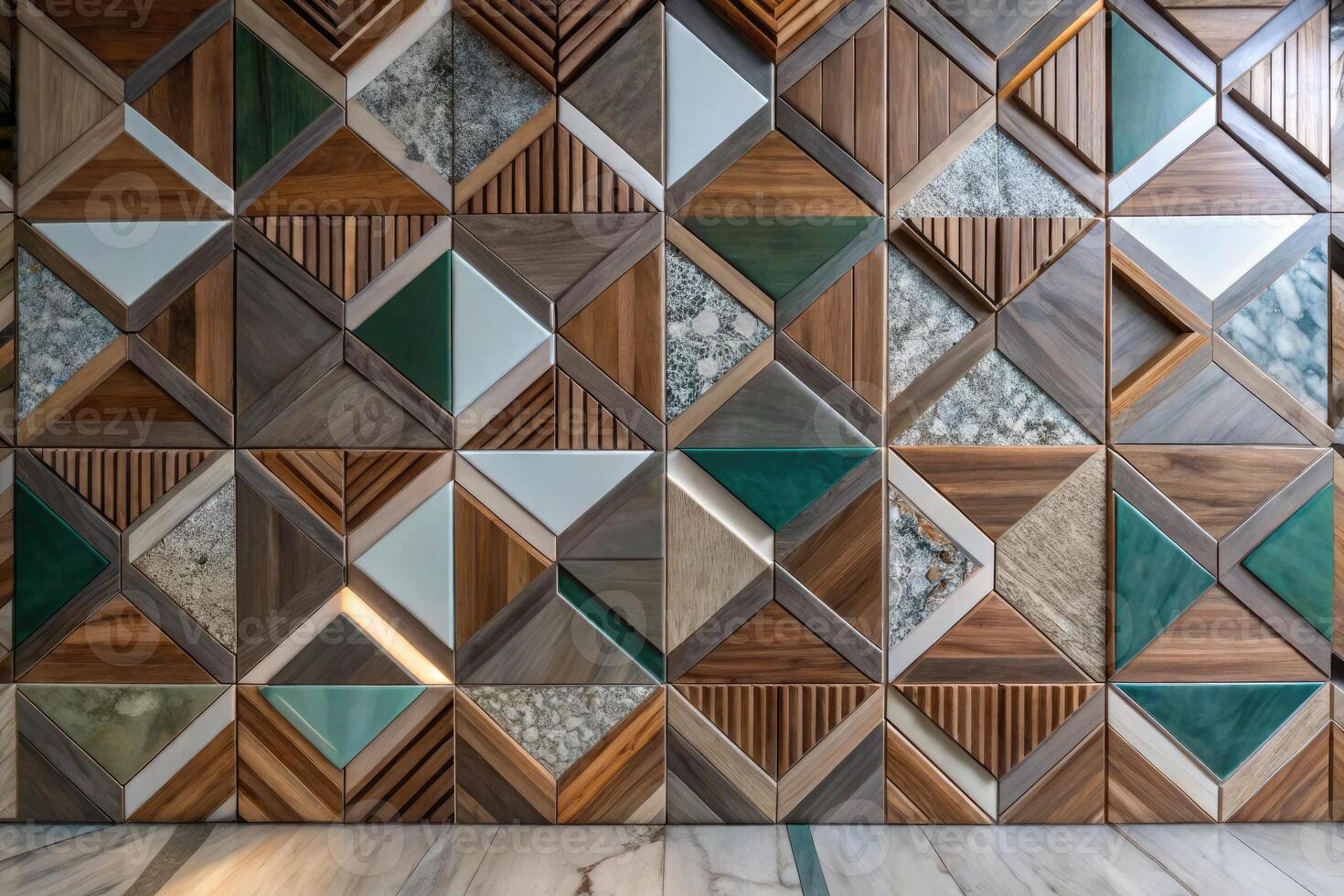 A decorative wall of geometric wooden tiles. photo