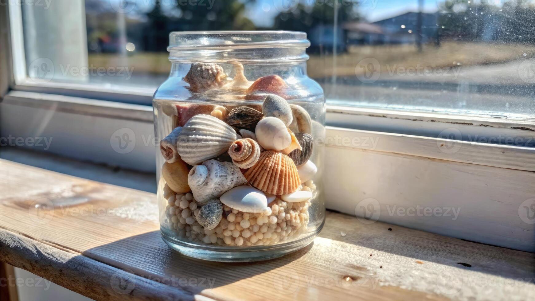 Glass jar filled with assorted seashells on a windowsill. photo