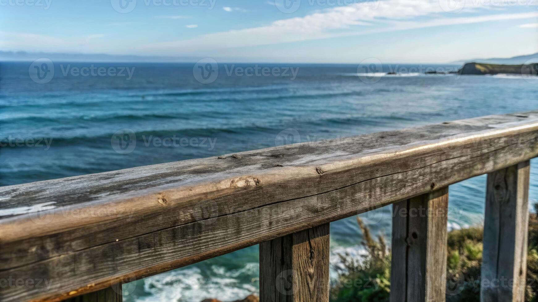 Ocean view from a wooden deck with waves crashing below. photo