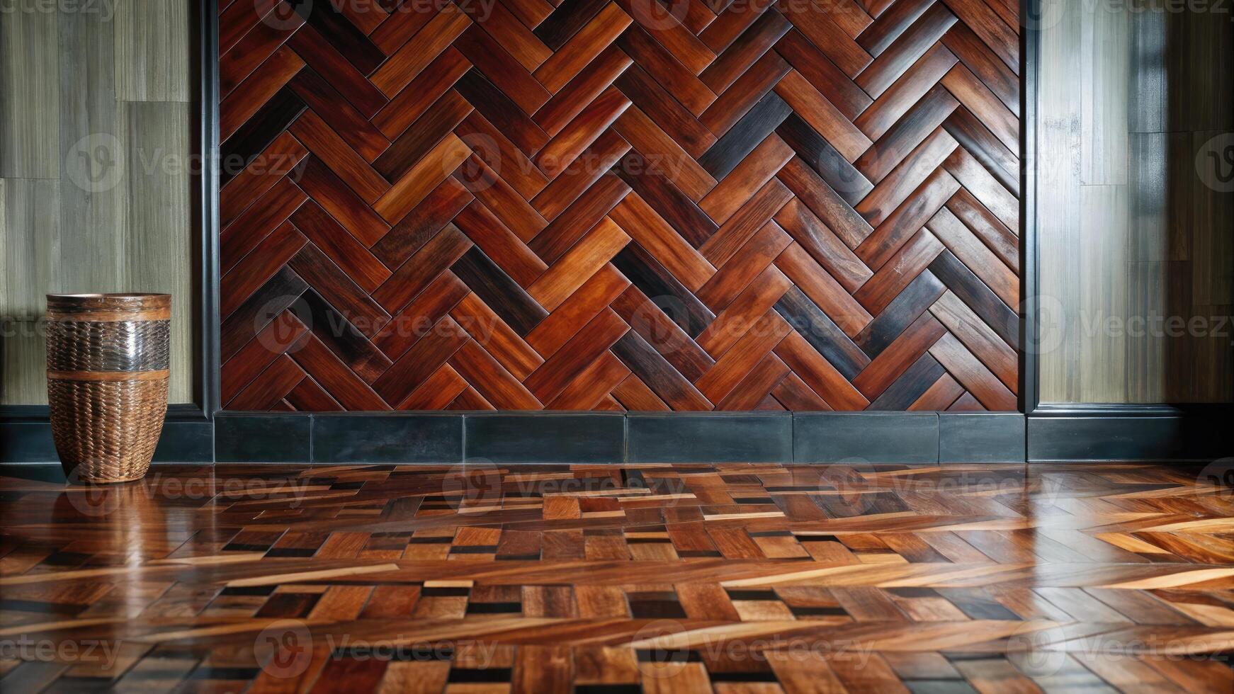 Rich wooden parquet floor with a herringbone pattern. photo