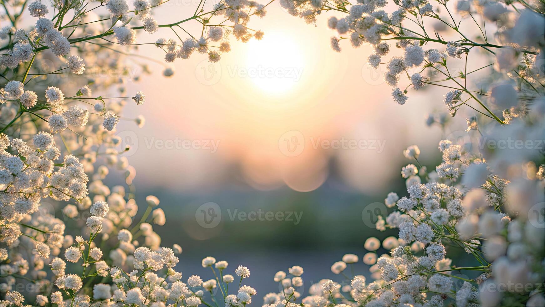 Soft white flowers frame a dreamy sunlit background. photo