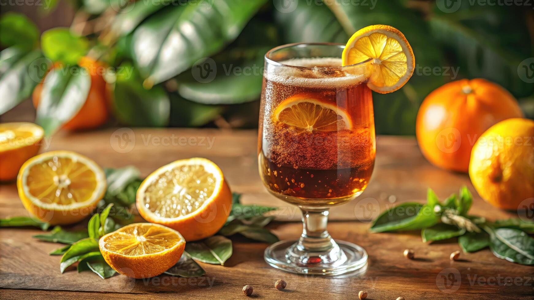 Refreshing citrus drink surrounded by ripe oranges on a table. photo