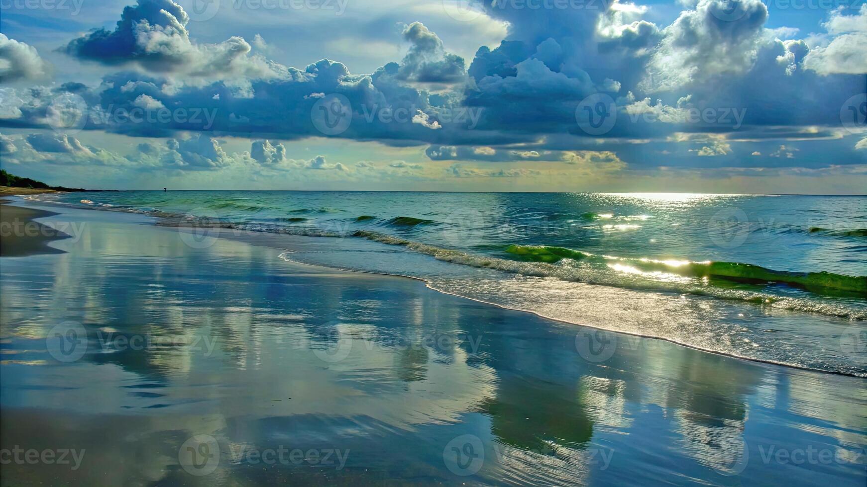Expansive view of a serene landscape reflected in water. photo
