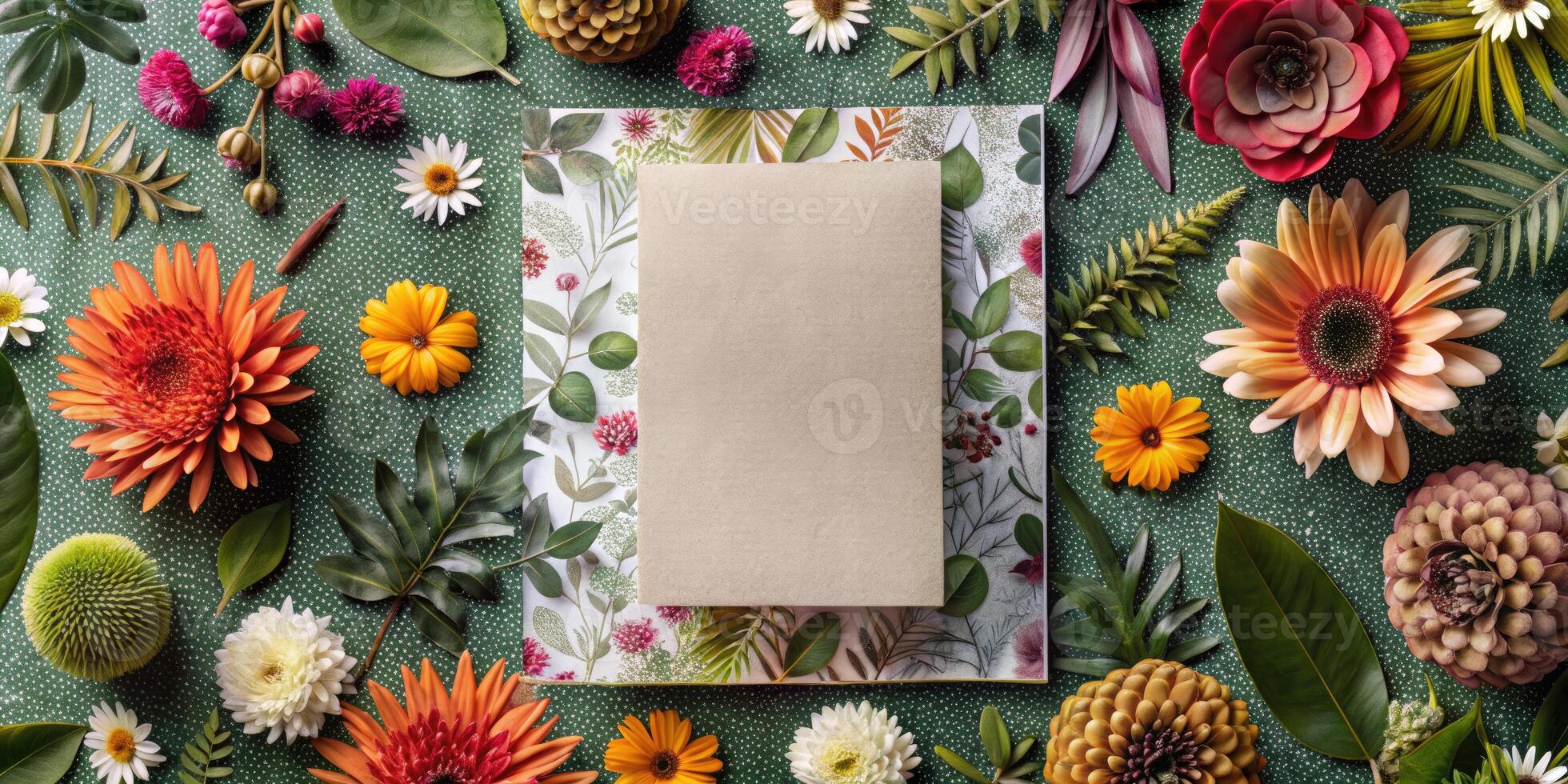 Blank paper framed by vibrant flowers creates a decorative scene. photo