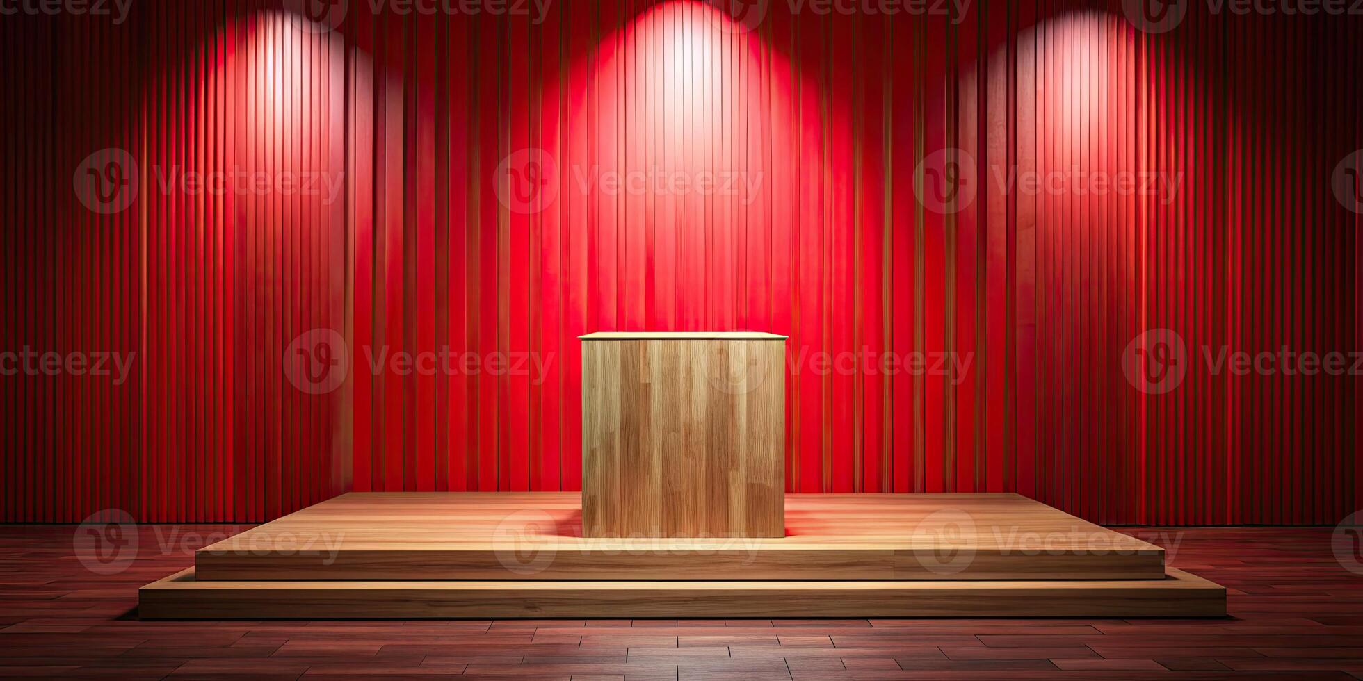 A wooden podium stands on a stage with red curtains and spotlights. photo