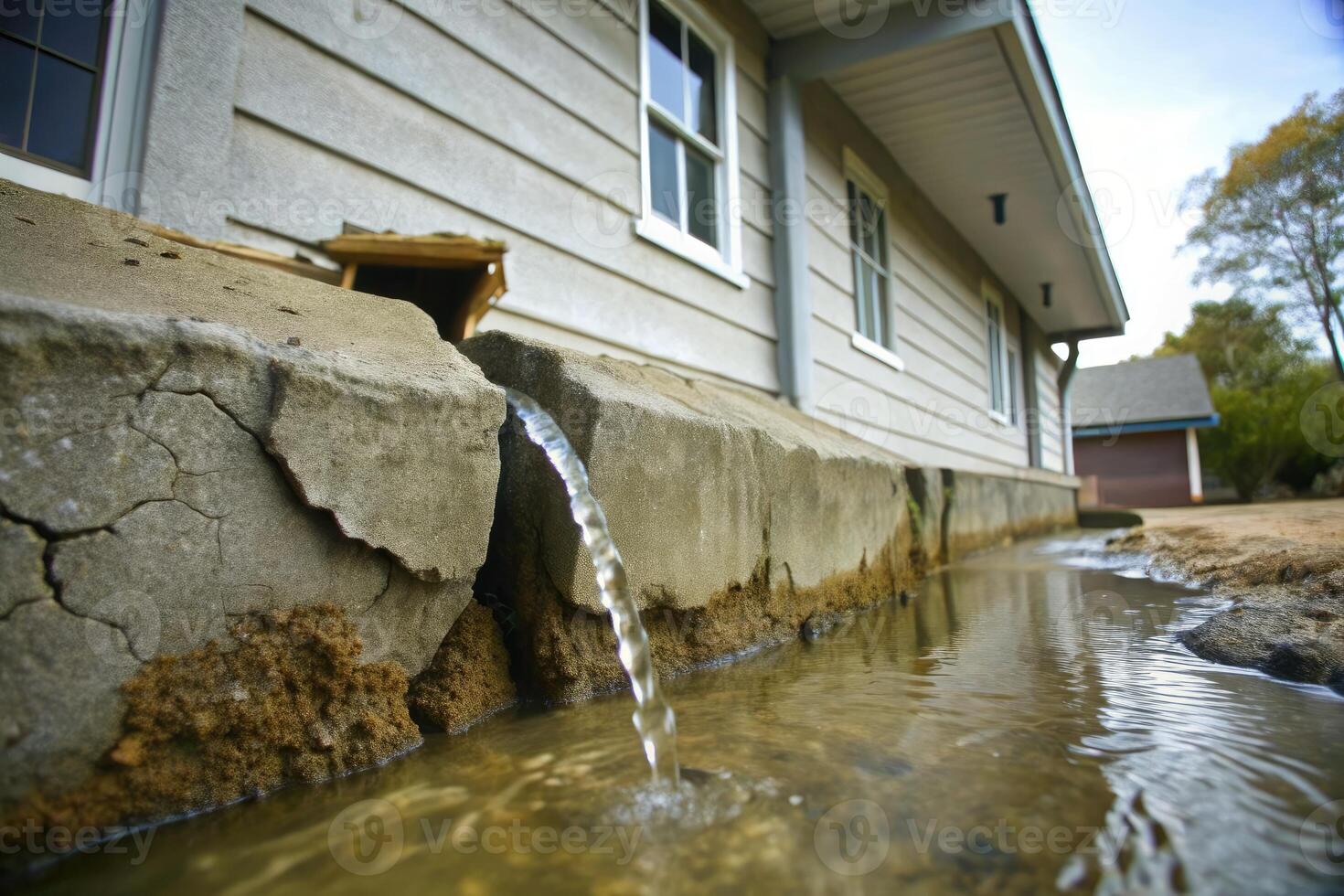 Water trickles down a cracked foundation of a house. photo