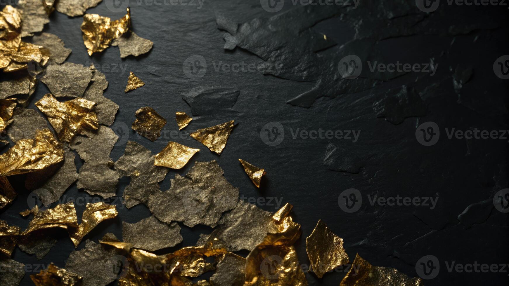 Golden leaves scattered on a dark textured surface. photo