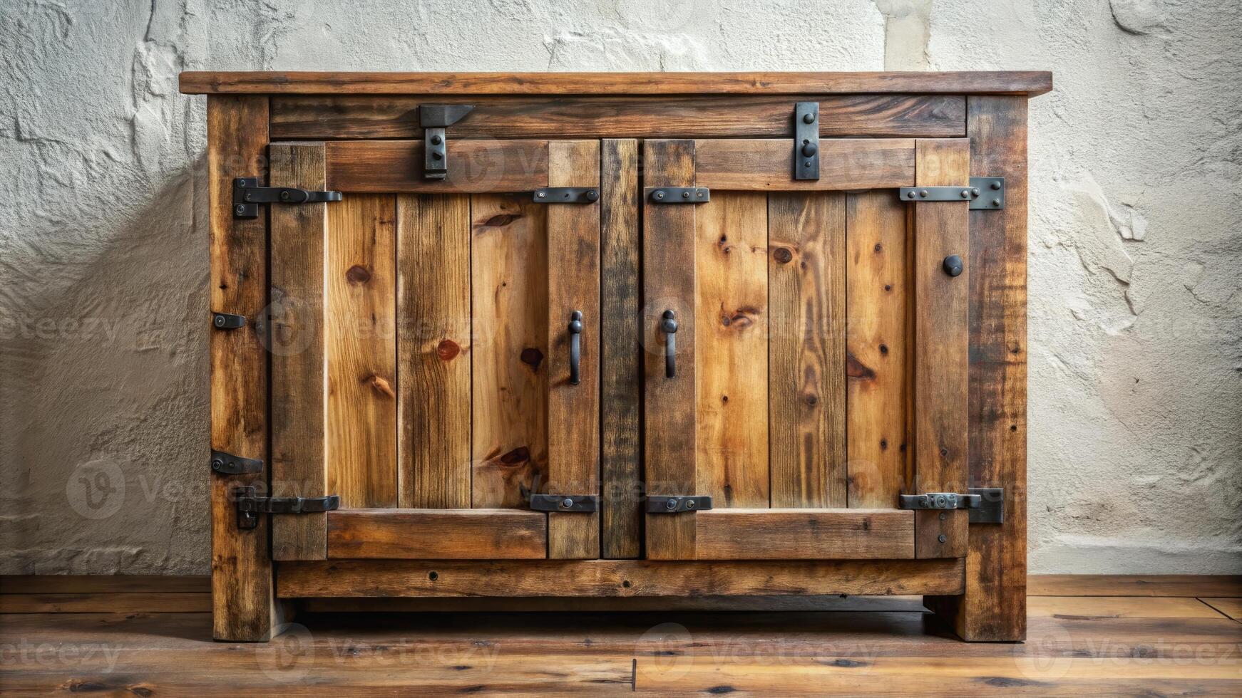 A rustic wooden cabinet with metal hinges against a wall. photo