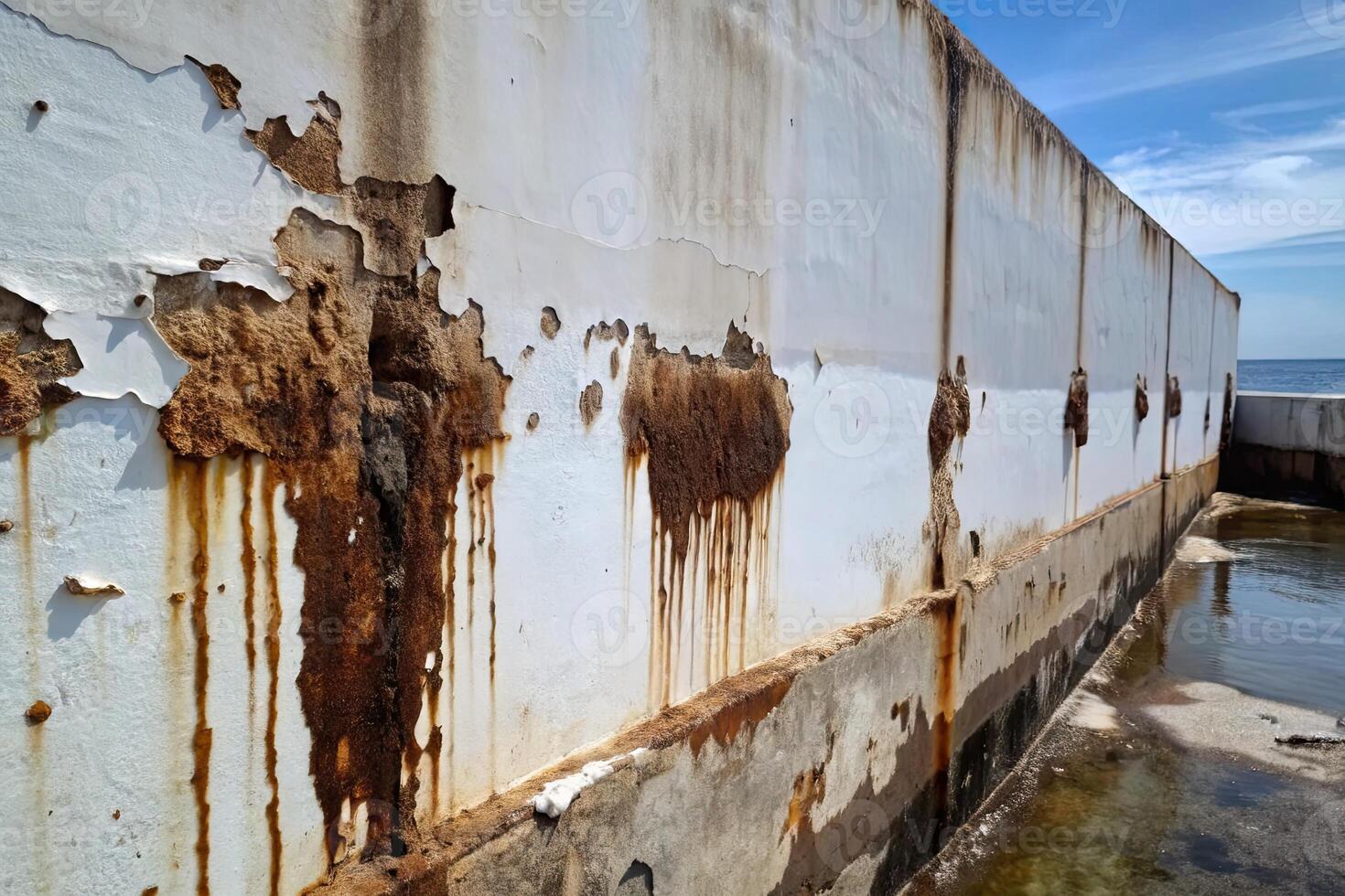A weathered, rusty wall with peeling paint and decay. photo