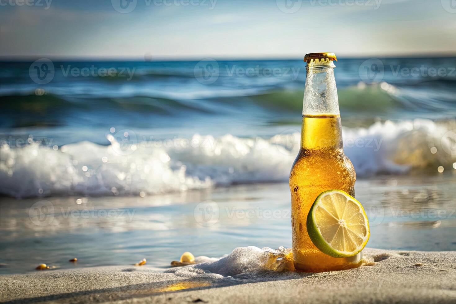 A cold beer with a lime on a sandy beach by the waves. photo