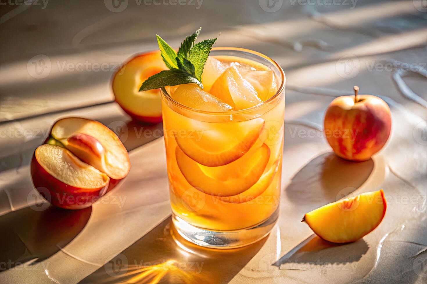 A refreshing glass of peach iced tea with sliced peaches. photo