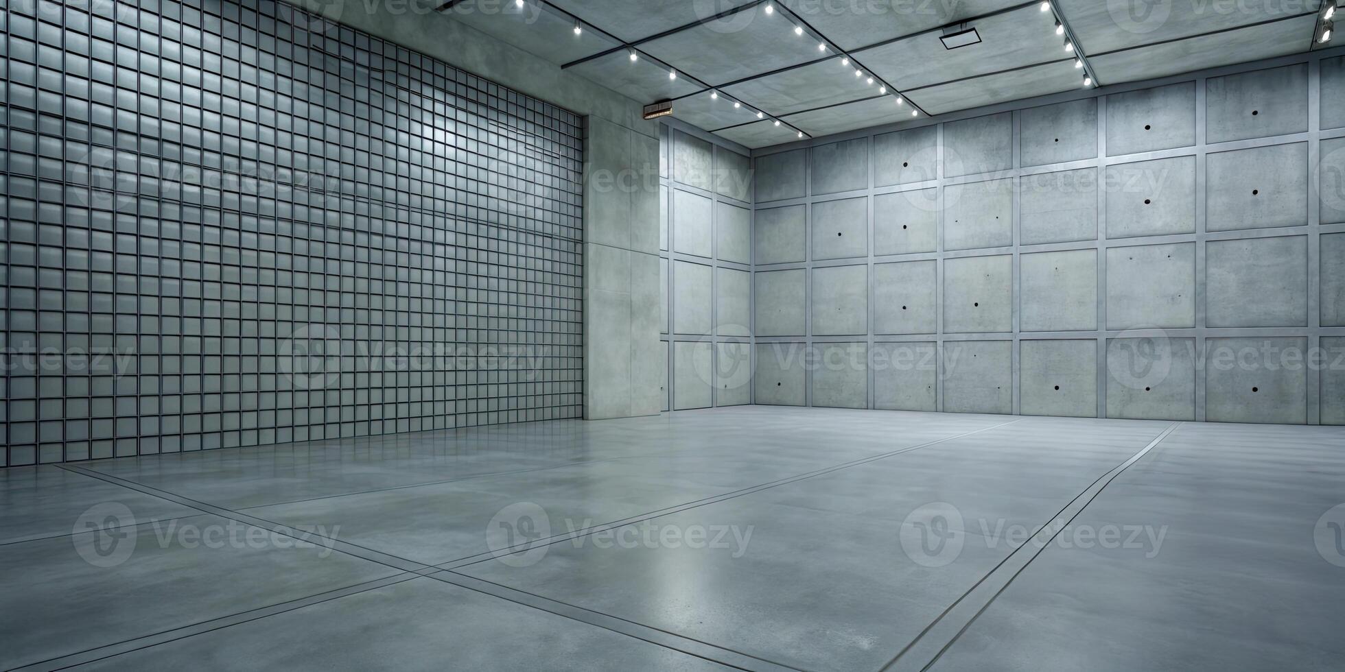 Spacious industrial room with concrete walls and grid windows. photo